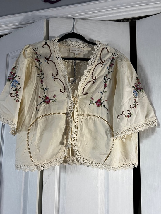 Jennifer & Grace Tops - Embroidered Lace-Trim Cream Blouse